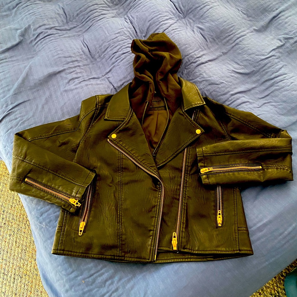 BlankNYC Faux Leather Moto Jacket w/removable hood